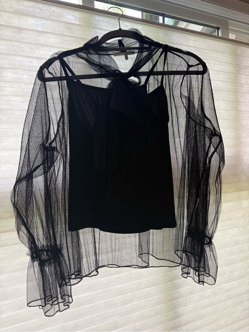 Oak + Fort - Black Sheer Tie-Neck Blouse with Tank Top - Women Tops